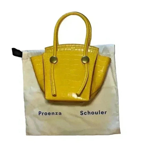 Proenza Schouler Croc Embossed Leather Pipe Tote Bag Small Yellow Citrus Purse - Picture 2 of 15